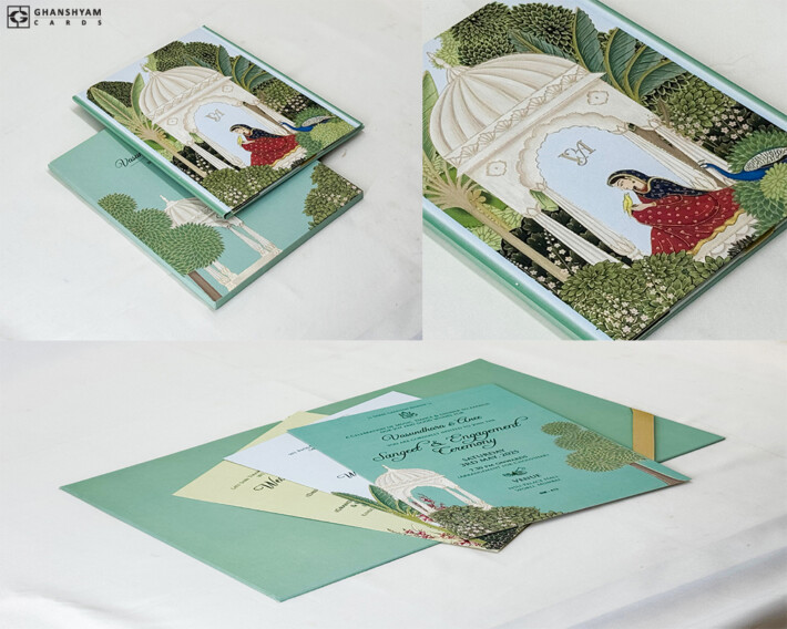 Pichwai Theme Wedding Invitation Card BM 413 Green