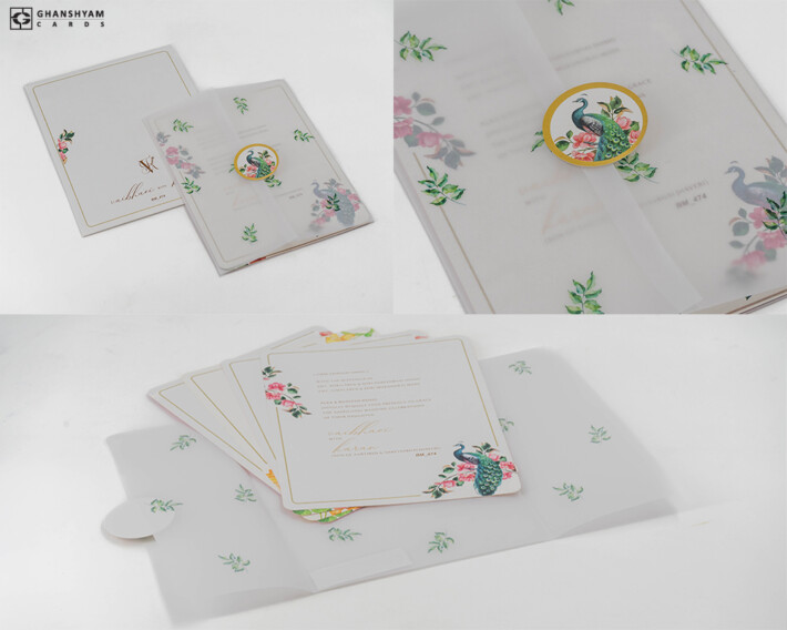 Peacock Theme Butter Paper Designer Wedding Card BM 474