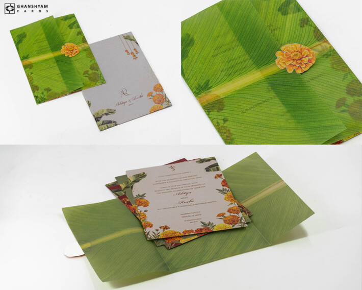 Banana Leaf Butter Printed Wedding Card Design BM 510