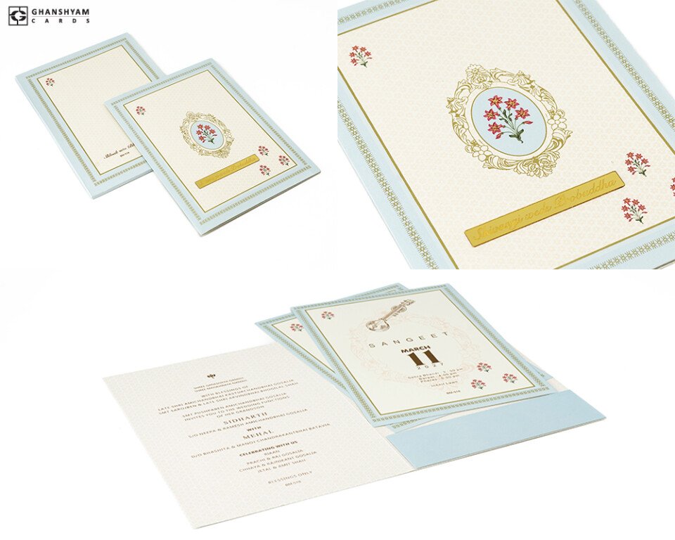 Designer Japiur Flower Theme Wedding Card BM 518 Blue