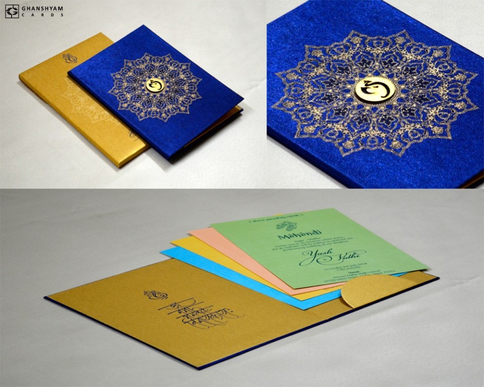Blue Satin Cloth Hindu Wedding Card GC 2075