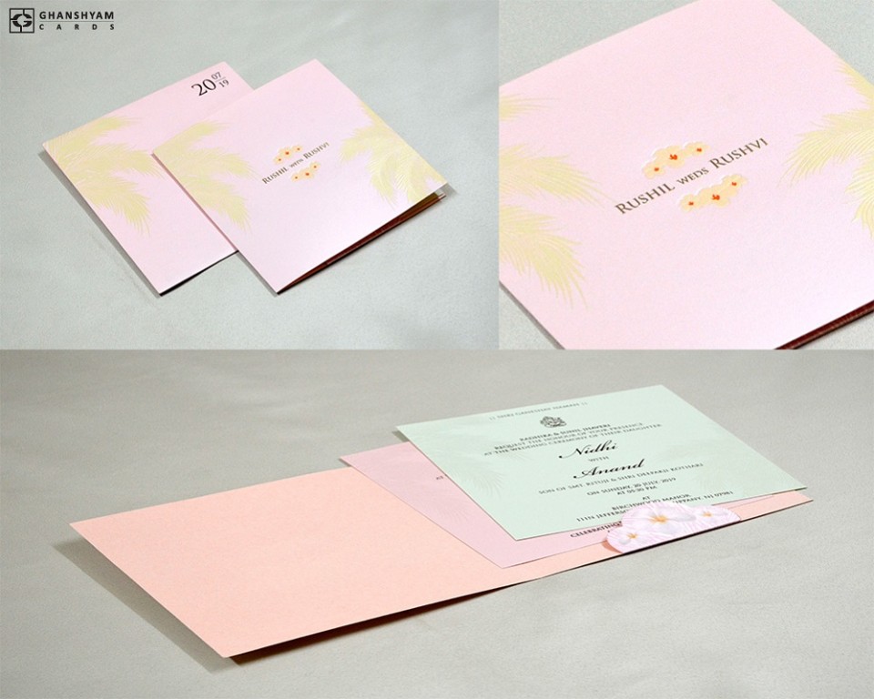 Baby Pink Coconut Leaf Theme Wedding Card GC 3003