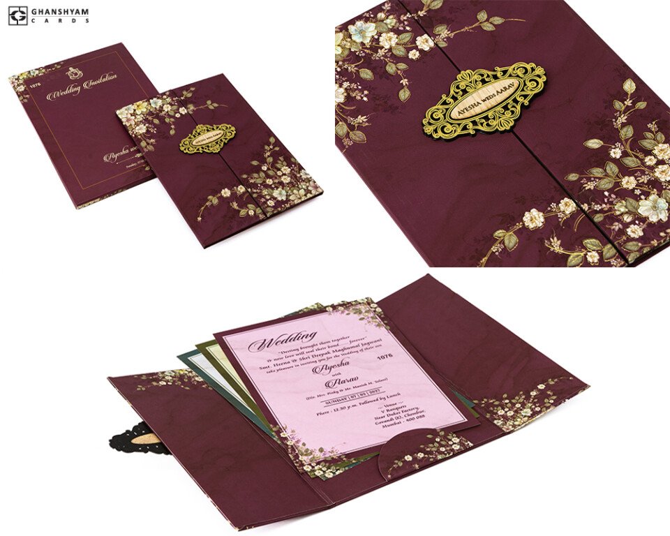 Maroon Floral Wedding Card MH 1076