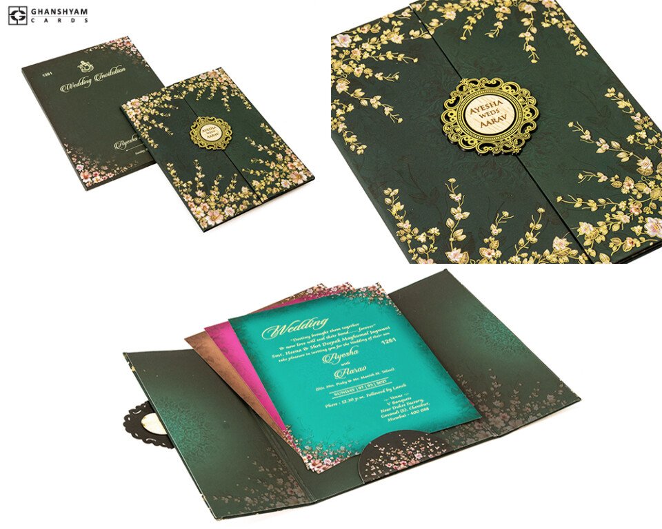 Bottle Green Floral Wedding Card MH 1261