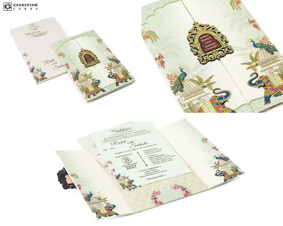 Elephant Theme Door Style Centre Opening Wedding Card MH 1286