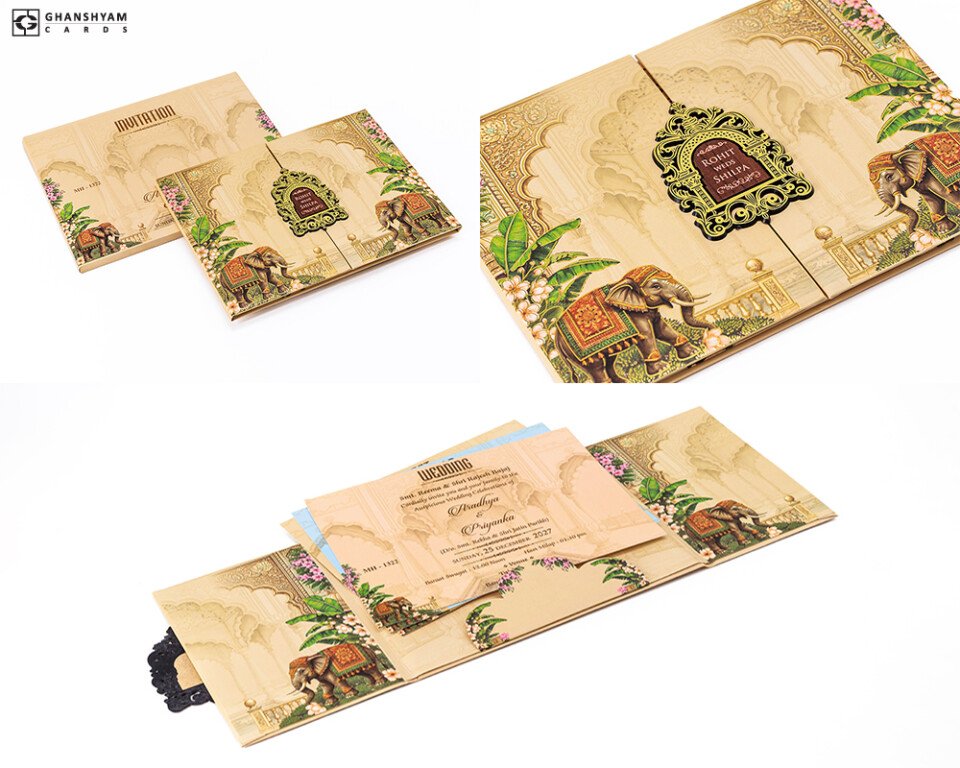 Elephant Theme Door Style Centre Opening Wedding Card MH 1322