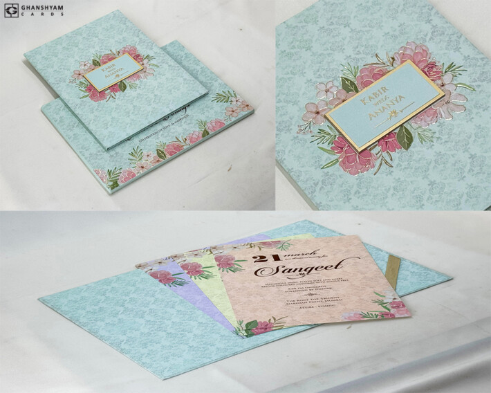 Light Blue Floral Theme Padded Weding Card PP 3162