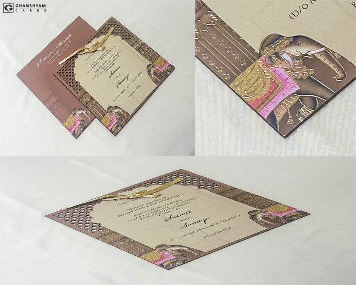 Elephant Theme MDF Style Laser Cut Wedding Card PP 3228