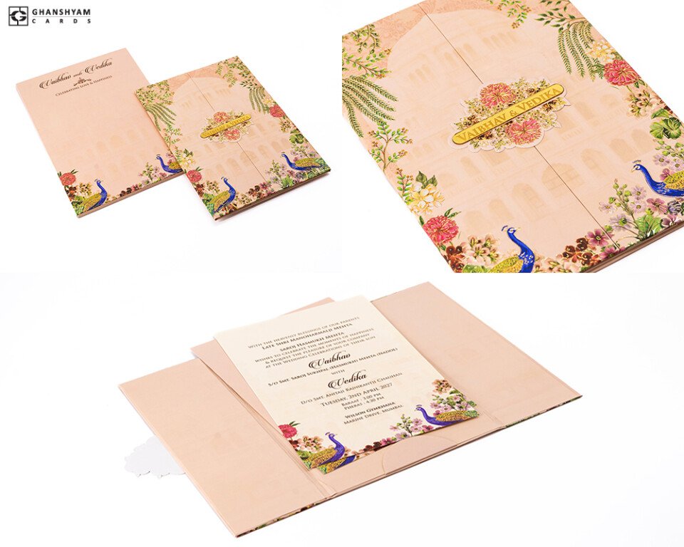 Peacock Theme Door Style Centre Opening Wedding Card PP 3371