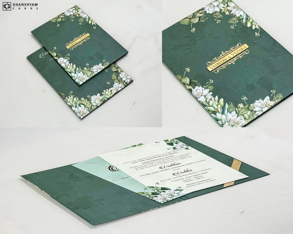 Green Floral Padded Wedding Card Design PP 3374