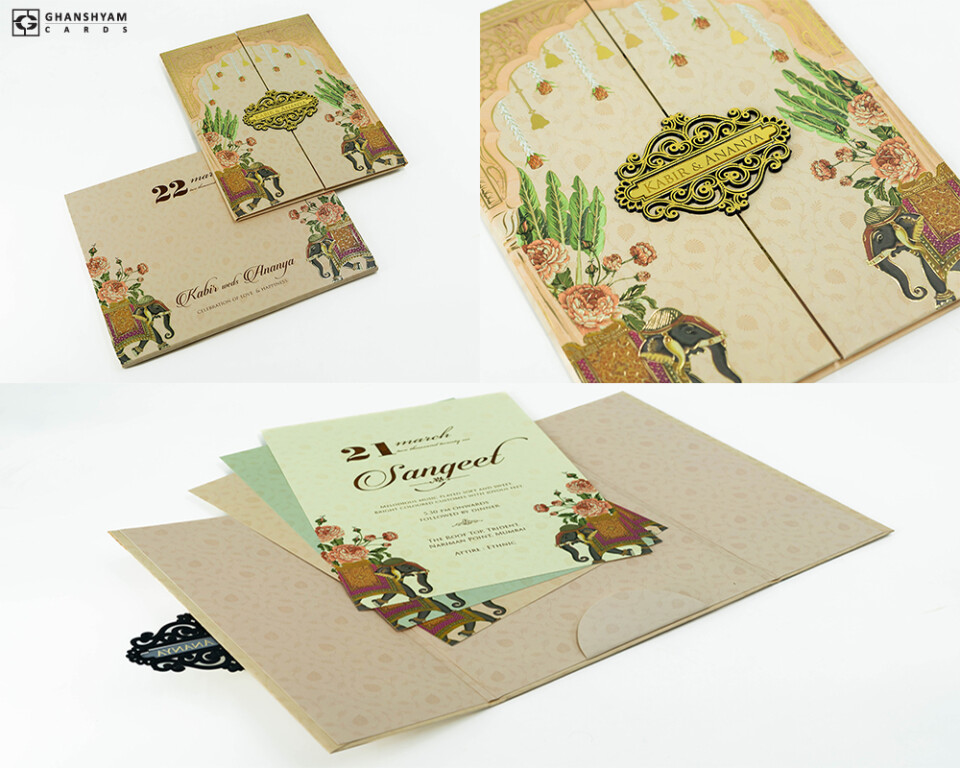 Centre Opening Door Style Elephant Theme Padded Wedding Card Design PP 3387