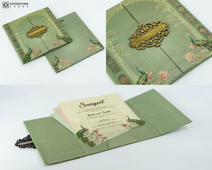 Centre Opening Door Style Lotus Theme Padded Wedding Card Design PP 3527