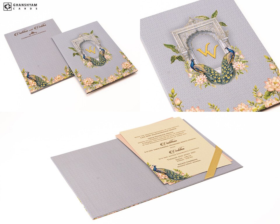 Peaock Theme Purple Wedding Card PP 3623