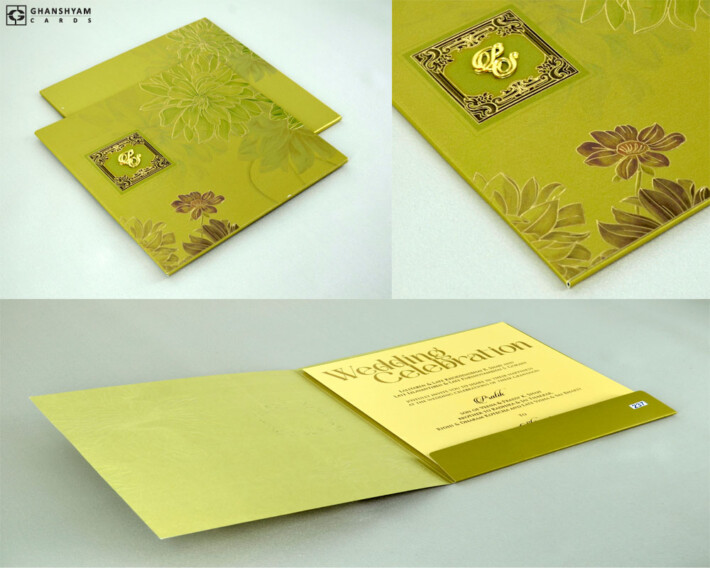 Olive Green Metallic Paper Floral Designer Wedding Card PR 237