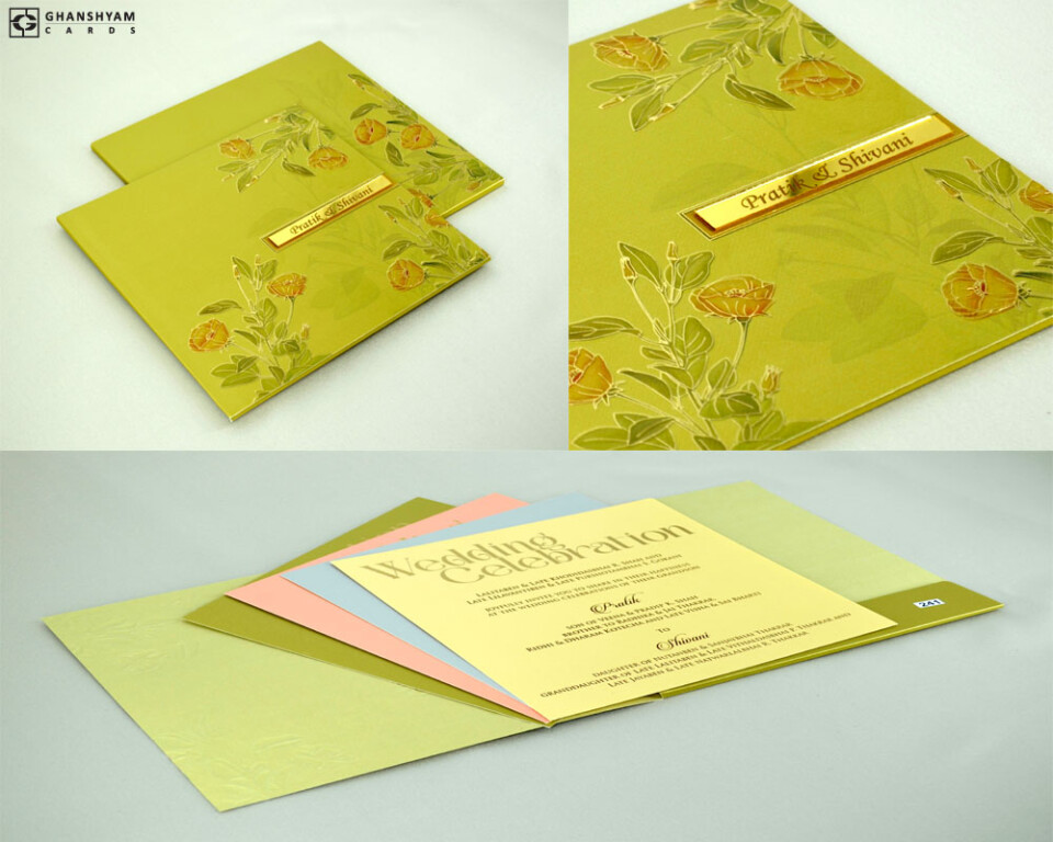 Olive Green Metallic Paper Floral Designer Wedding Card PR 241