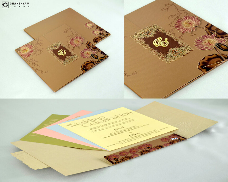 Brown Metallic Paper Floral Designer Wedding Card PR 243