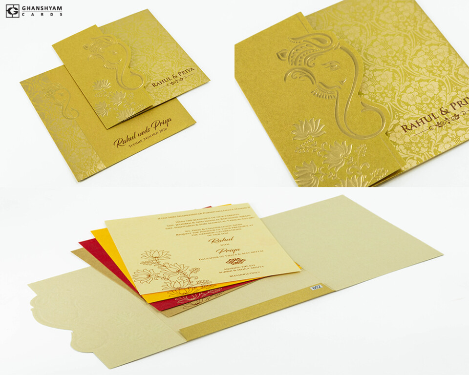 Golden Hindu Budget Economical Wedding Card PR 602