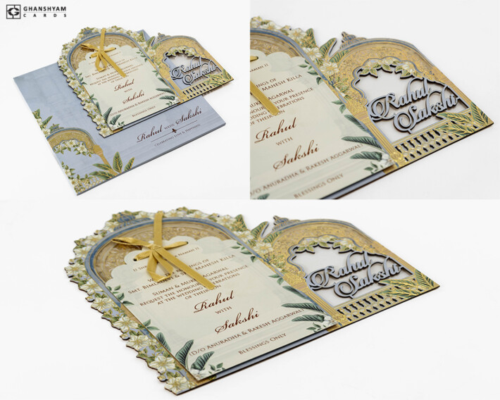 Lasercut MDF Banyan Leaf & Palace Theme Wedding Invitation Design PR 892