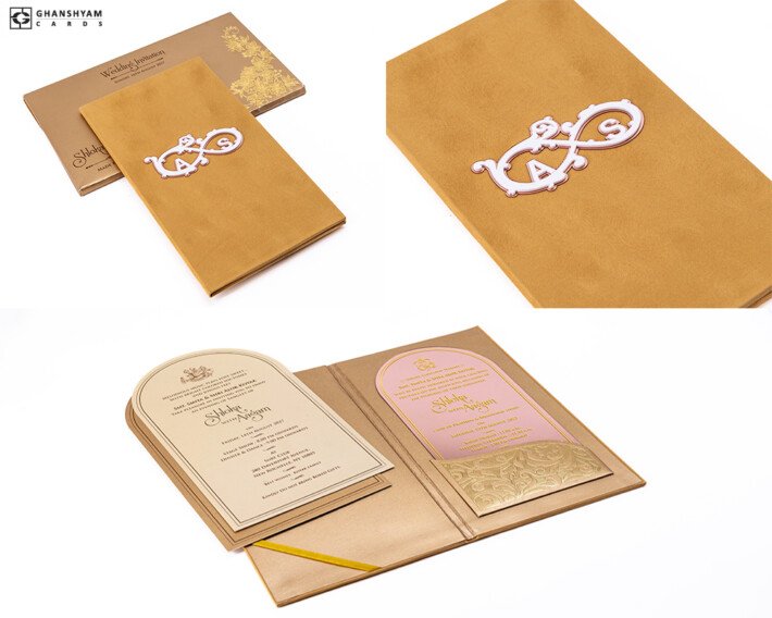 Velvet Suede Designer Wedding Card RB 2272 Gold