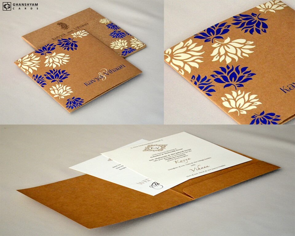 Khakhi Craft Paper Floral Theme Wedding Card RN 2513 BLUE