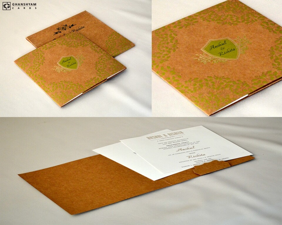 Khakhi Craft Paper Leaves Theme Wedding Card RN 2751 GREEN