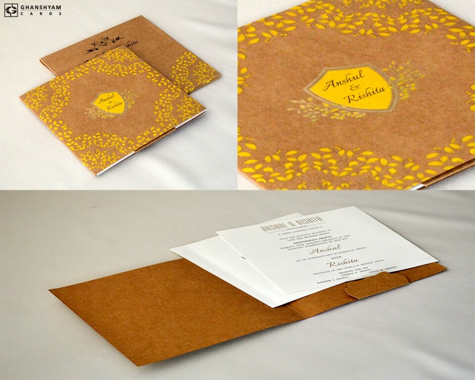 Khakhi Craft Paper Leaves Theme Wedding Card RN 2751 YELLOW