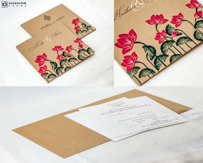 Craft Paper Vintage Lotus Theme Wedding Cards RN 2855 Red