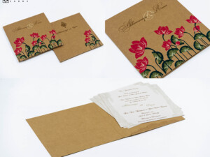 Designer Kraft Paper Lotus Pichwai Theme Wedding Card RN 2855 RED