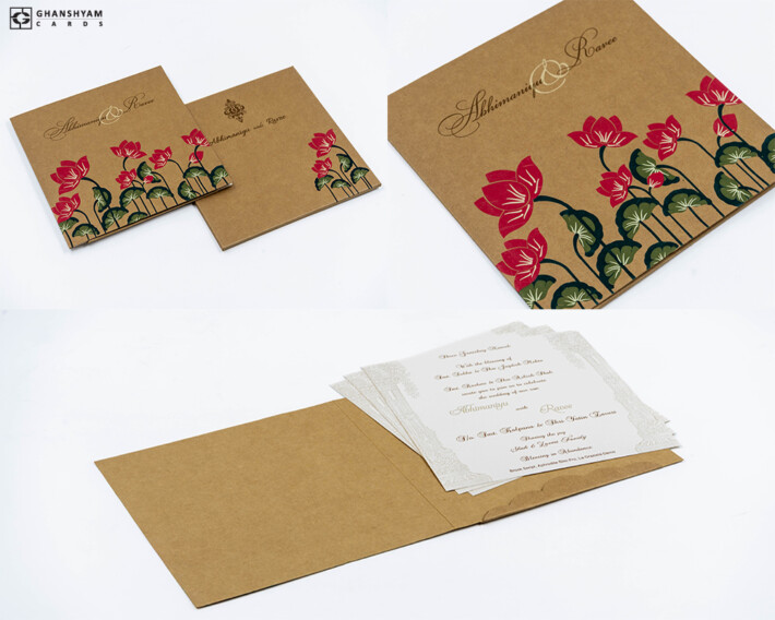 Designer Kraft Paper Lotus Pichwai Theme Wedding Card RN 2855 RED