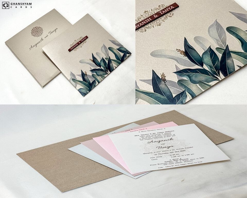 Leaf Theme Padded Wedding Card RN 3060 Rust