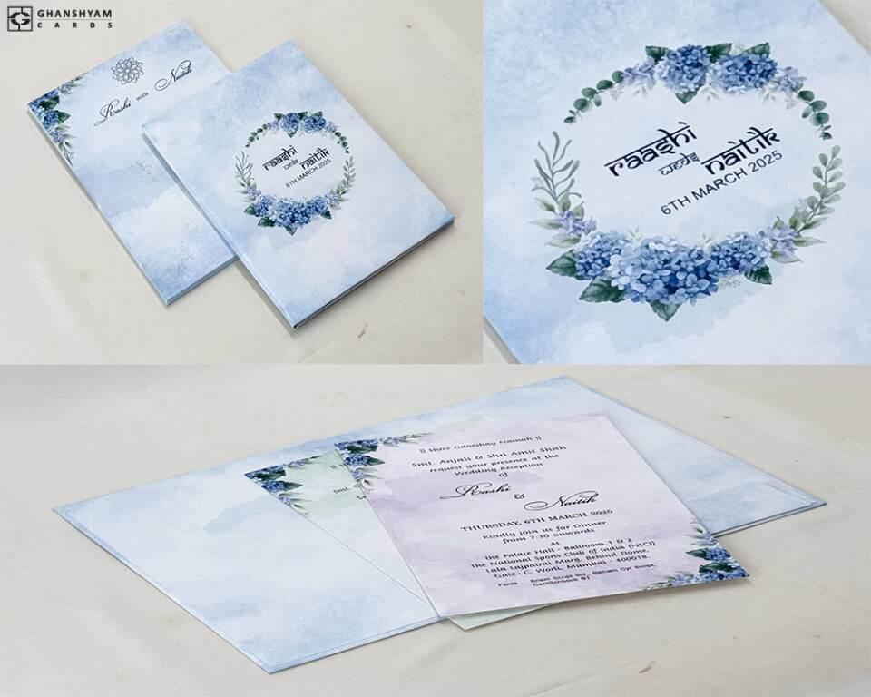 Blue Floral Padded Wedding Card Design RN 3063