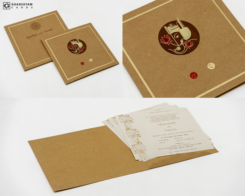 Designer Kraft Paper Hindu Ganesh Theme Wedding Card RN 3101 Khakhi