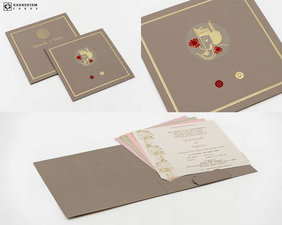 Designer Hindu Ganesh Theme Wedding Card RN 3101 Rust