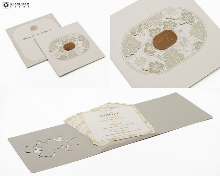 Floral Theme Laser Cut Wedding Card Design RN 3129 BEIGE