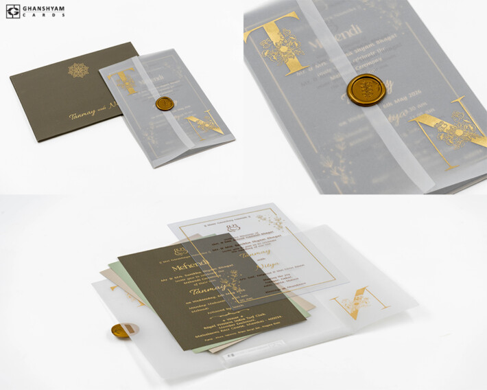 Butter Paper Centre Opening with Wax Seal Wedding Card Design RN 3145