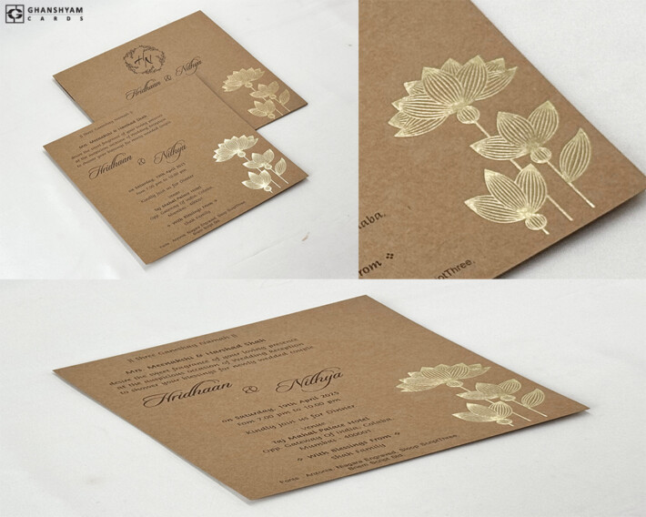 Lotus Theme Engagement OR Anniversary OR Vastupujan Invitation Card RN 730 Khakhi