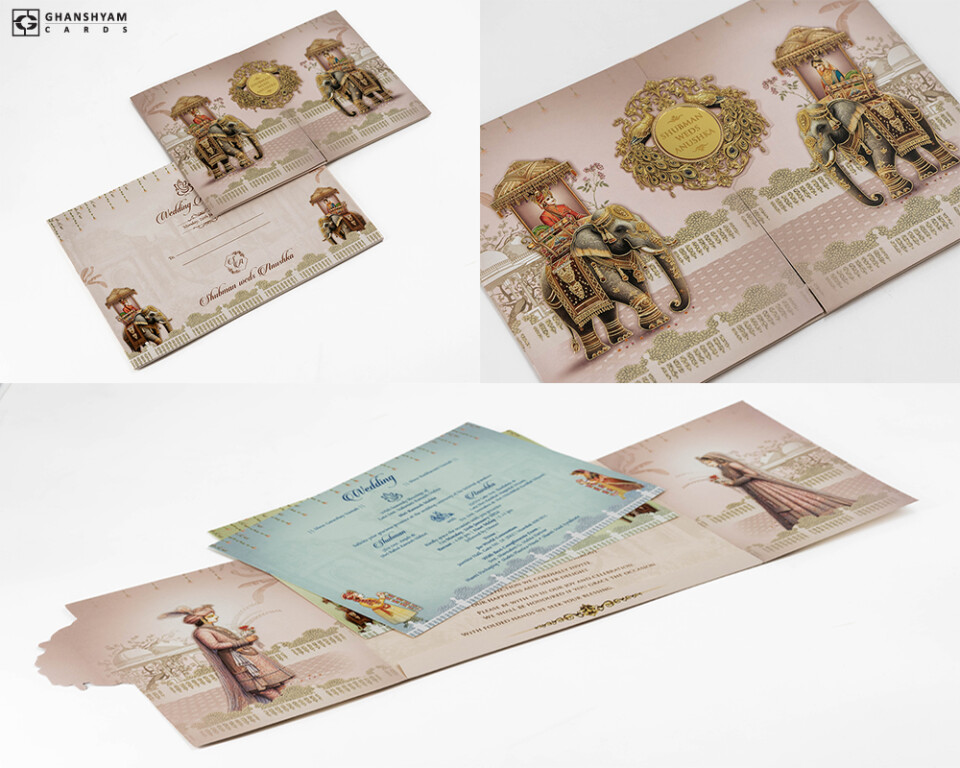 Centre Opening Royal Elephant Theme Traditional Wedding Invitation RR 908